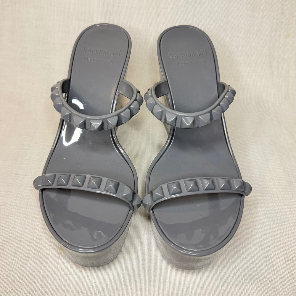 Carmen Sol Grey Studded Jelly Wedge Sandals Made in Italy Womens Size 9 EU 39